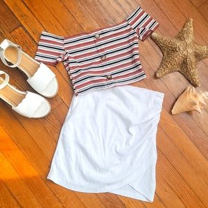 SHEIN Off The Shoulders Cropped Striped Tee and white mini ruched skirt